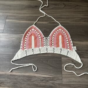 Boho Crochet Halter Top Size M Sunset Pink White Festival Festival Bralette